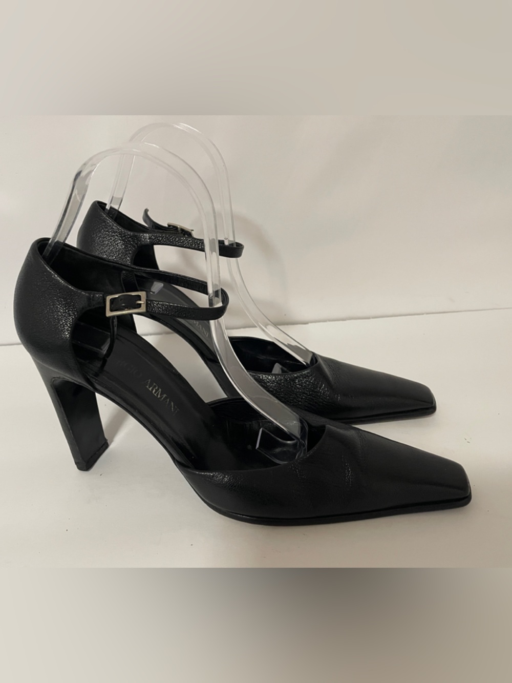 Giorgio Armani Black Leather Pointed-Toe Mary Jane Heels